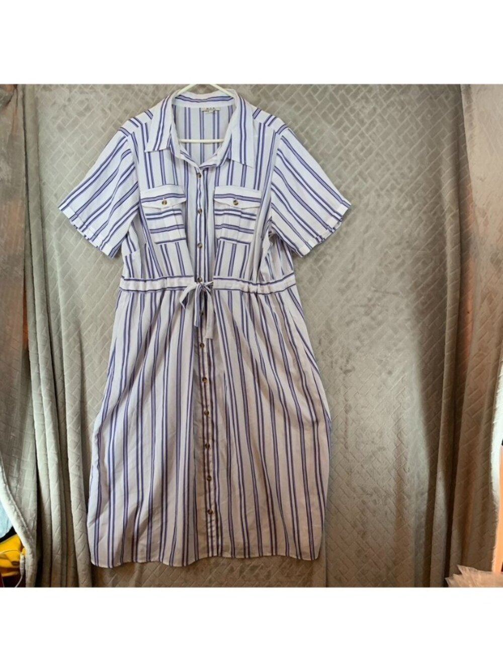 MPH Collection Shirt Dress Womens 2X White Navy Blue Striped Short Sleeve Belt